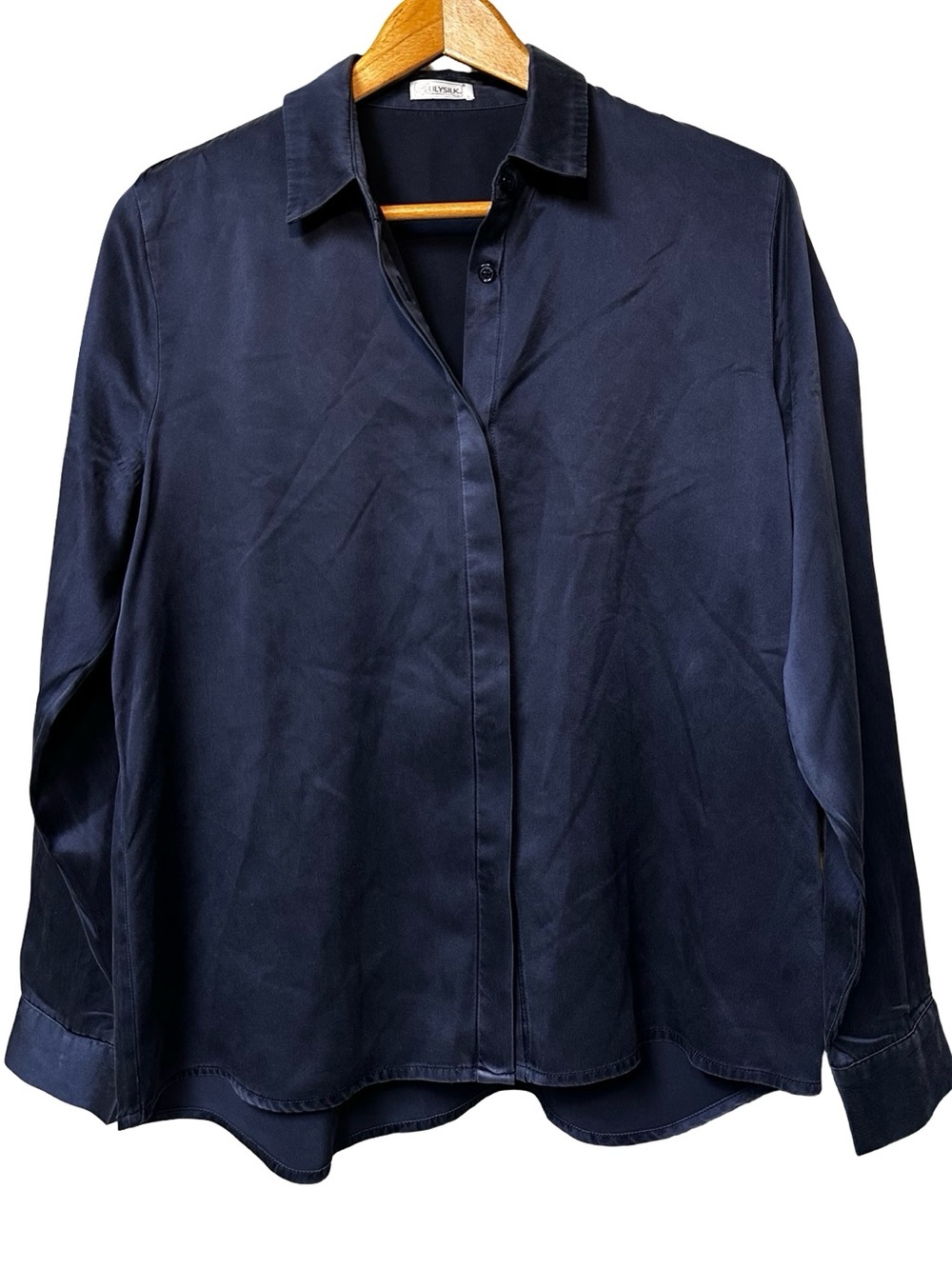 LILYSILK Navy Blue Silk Hidden Button Down Shirt Large Luxury Old Money Minimal